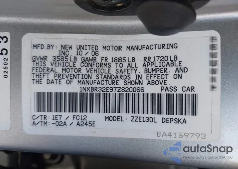 2007 Toyota Corolla S from USA, damaged, VIN 1NXBR32E97Z820066